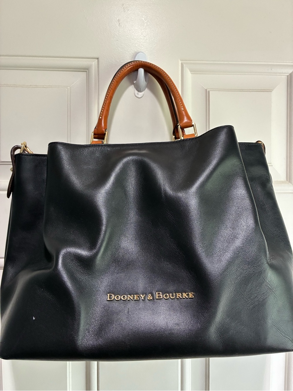 Dooney & Bourke Black Leather Tote with Brown Handles